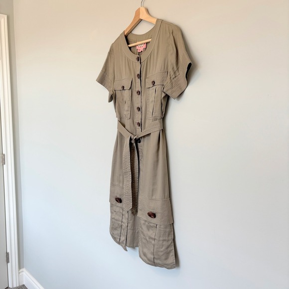 Phoebe Couture Size 8 Safari Shirt Dress Short Sleeve Midi Buttons Khaki Utility - Picture 2 of 13